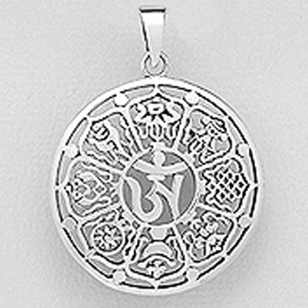 925 Sterling Silber -  Anhänger, Mantra mit Om und tibetischen Glückssymbolen